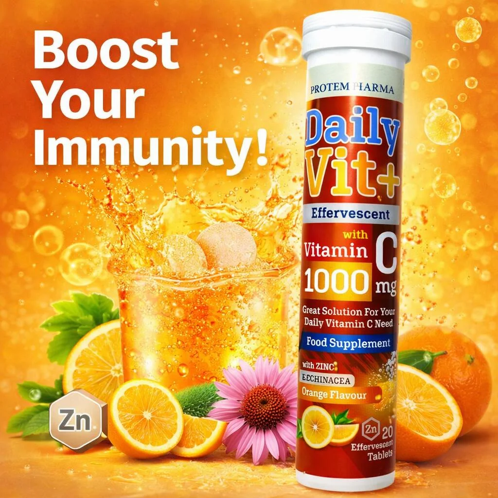 أقراص فوّارة بروتيم فارما Daily Vit+ مع فيتامين C بتركيز 1000 ملغ – 20 قرص – رقم 15415