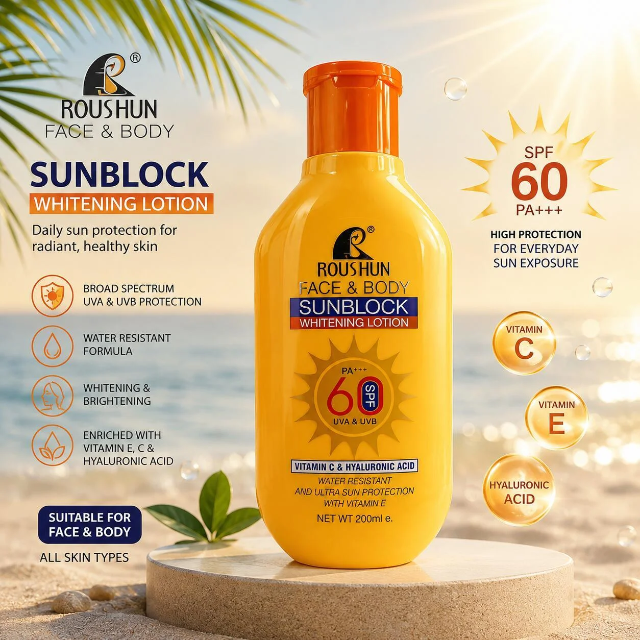 روشن لوشن واقي شمس ومبيّض للوجه والجسم SPF60 PA+++ حماية من UVA وUVB 200 مل رقم 16797