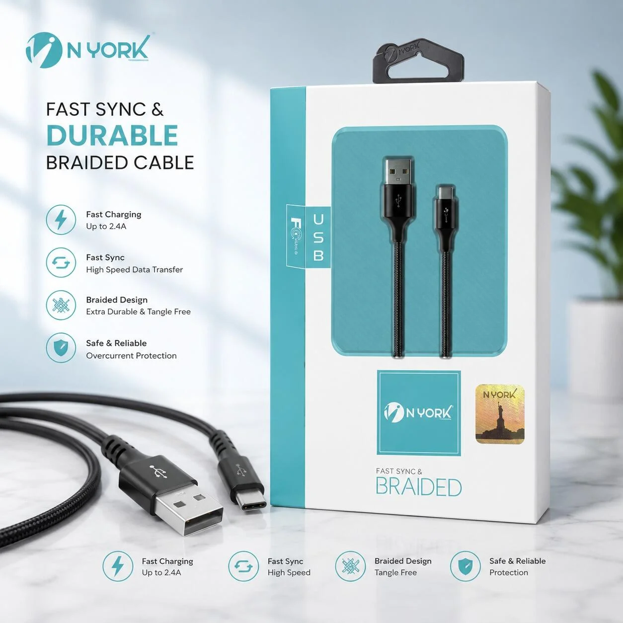 كابل شحن سريع مضفر من Nyork USB إلى Type-C – بطول 2 متر رقم.26624