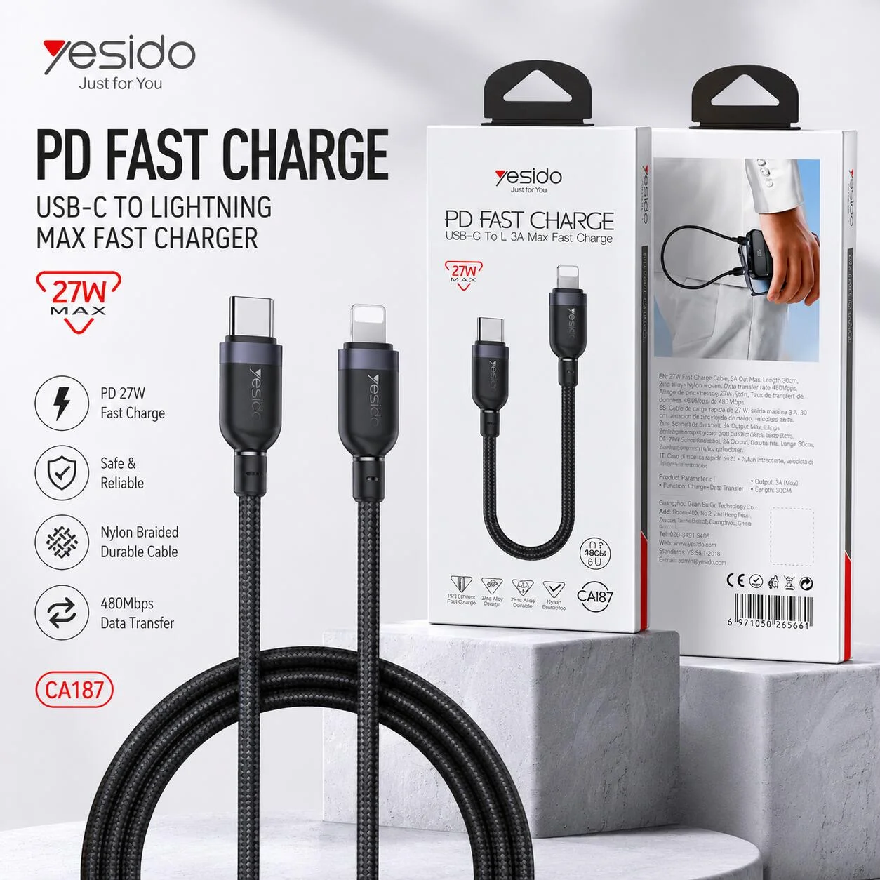 كابل يسيدو CA187 USB-C إلى لائيتينج للشحن السريع PD بقدرة 27 واط (30 سم) رقم.25221