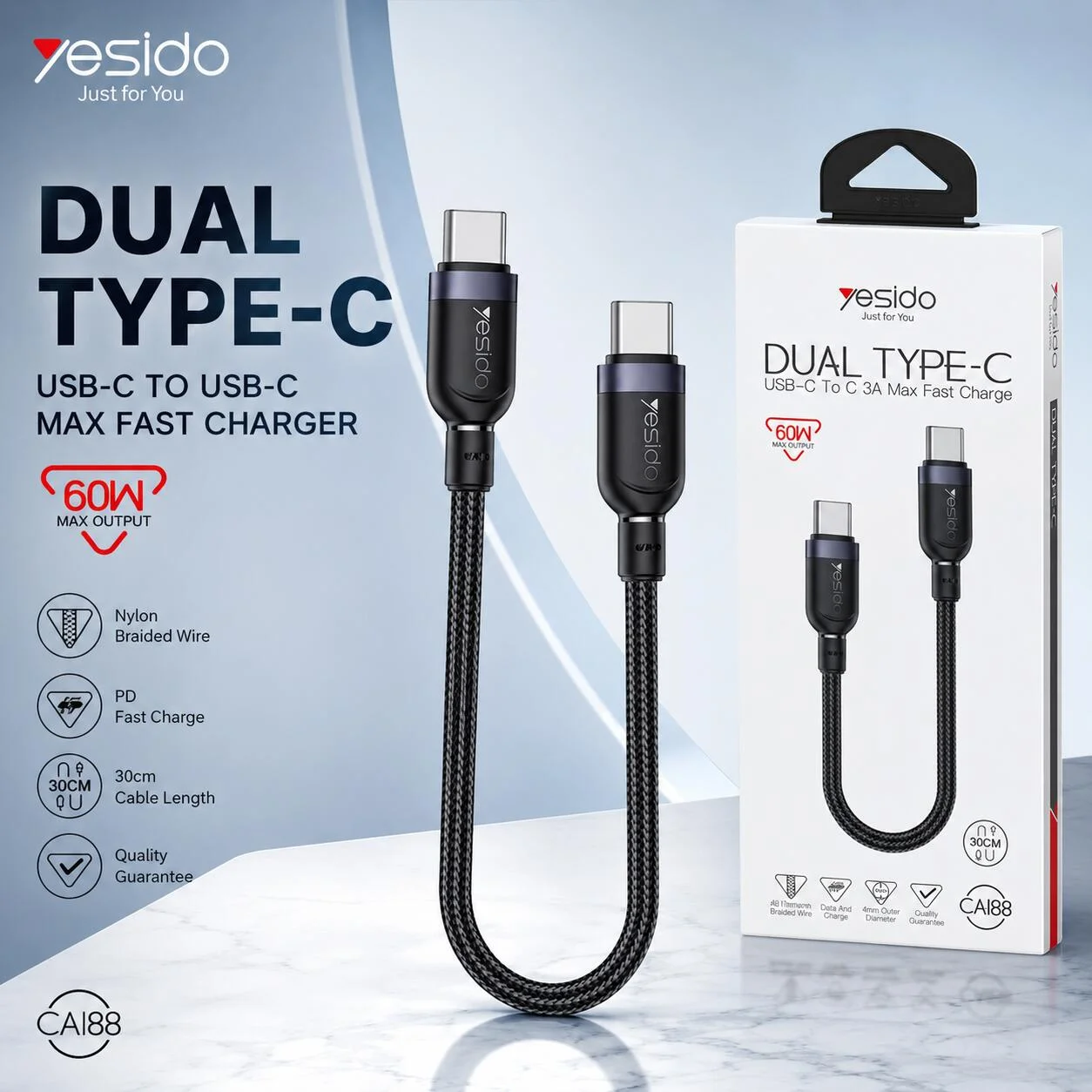 كابل يسيدو CA188 USB-C إلى USB-C للشحن السريع بقدرة 60 واط (30 سم) رقم.25219