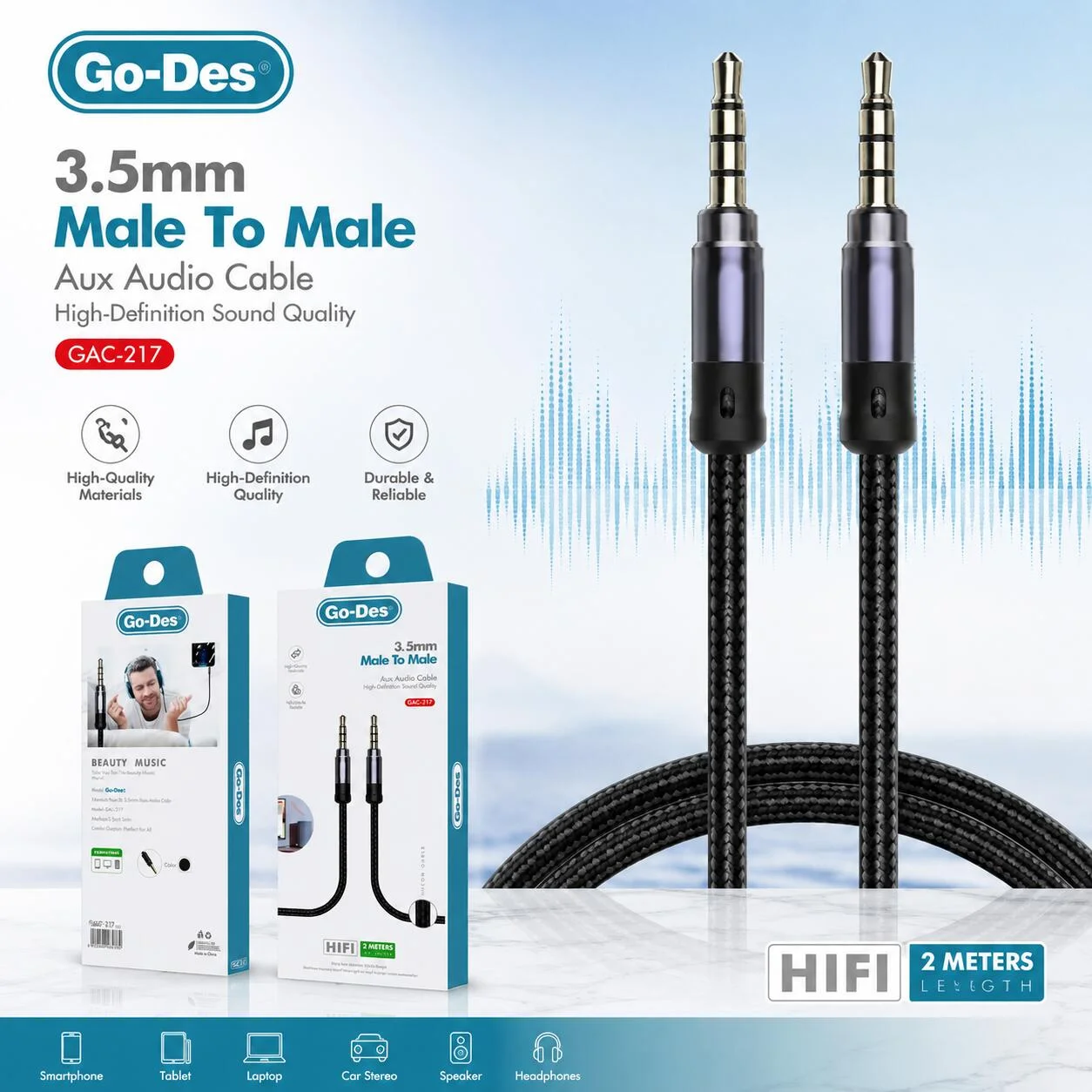 كابل الصوت Go-Des GAC-217 AUX ‏3.5 مم ذكر إلى ذكر (2 متر) رقم.25171