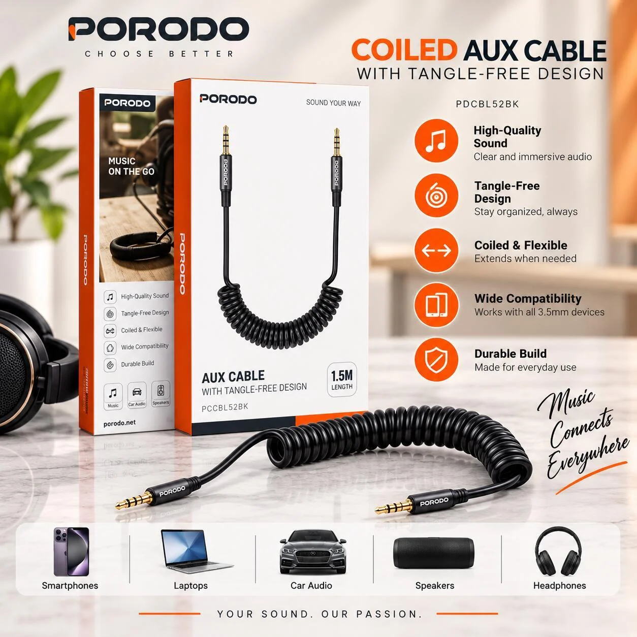 Porodo كابل AUX ملفوف بتصميم مقاوم للتشابك 1.5 متر - PDCBL52BK رقم.28885