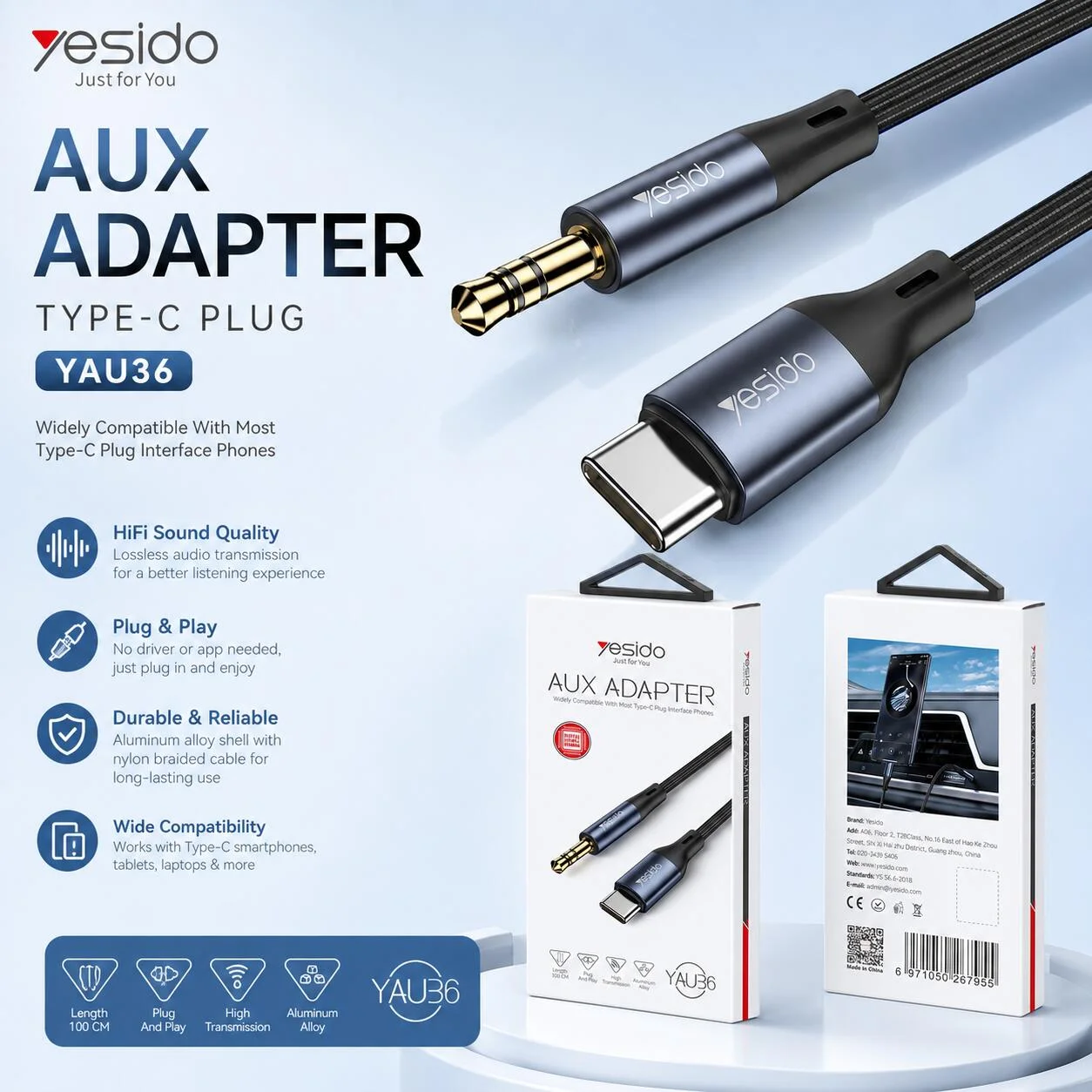 محول الصوت يسيدو YAU36 من USB-C إلى 3.5 مم AUX رقم.25218