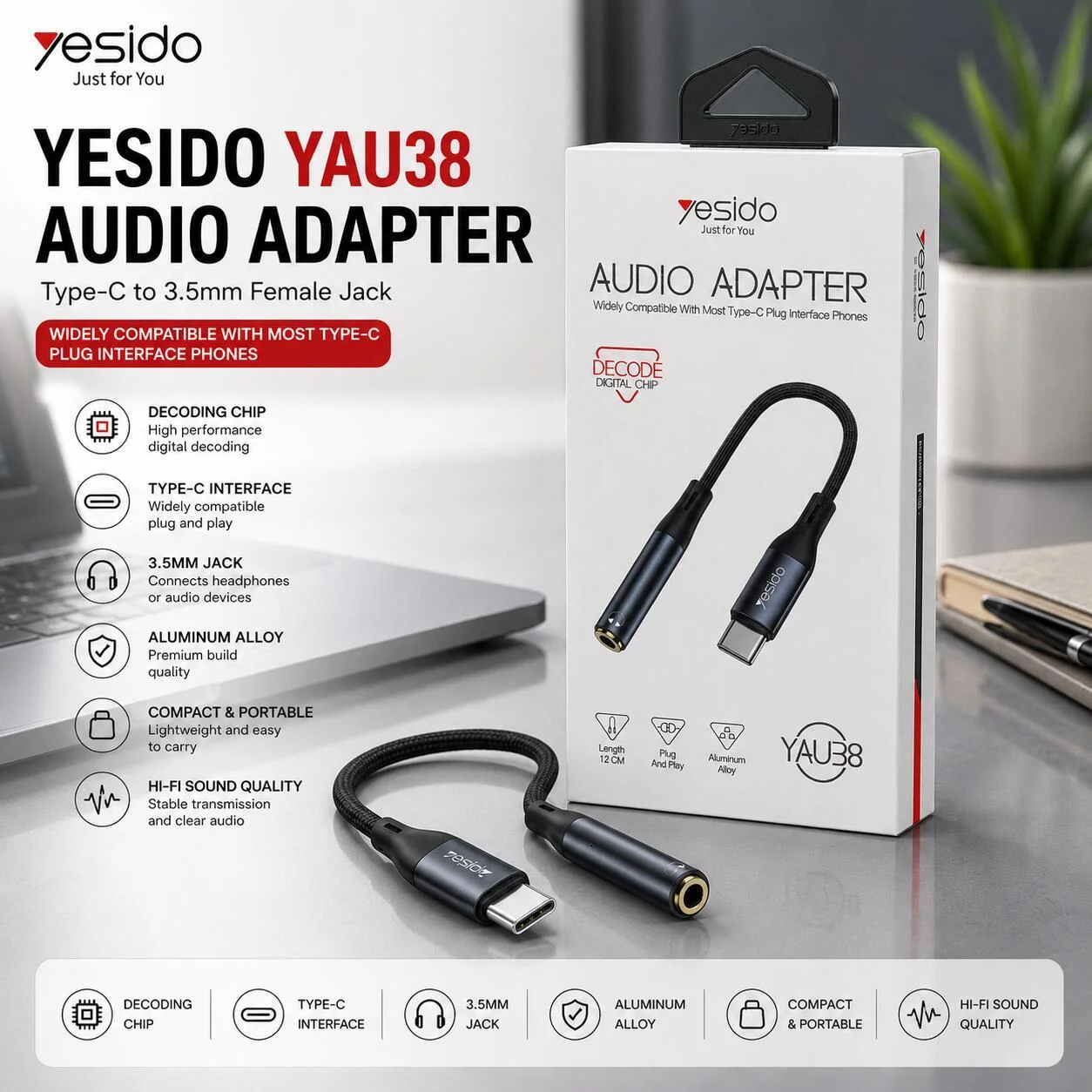 يسيدو YAU38 محول صوت Type-C إلى منفذ 3.5 مم رقم.24628
