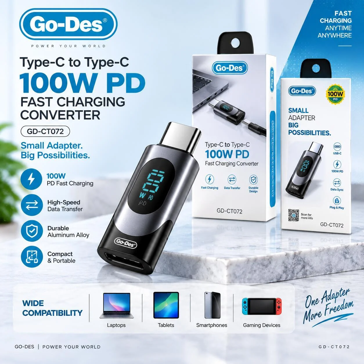 محول شحن سريع Go-Des Type-C إلى Type-C 100W PD -GD-CT072 رقم.28895