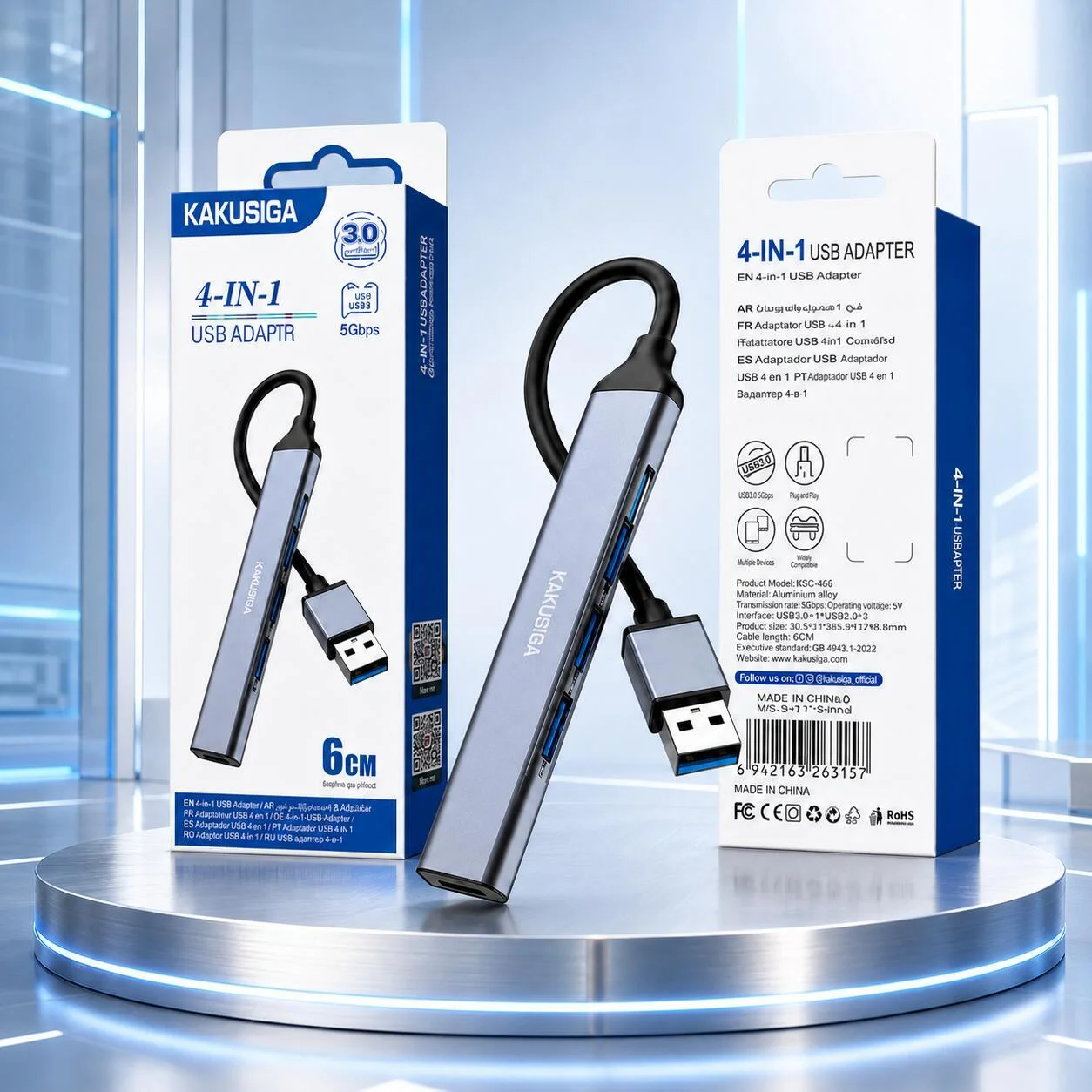 محول موزع 4 في 1 من Kakusiga USB-A إلى USB 3.0 + USB 2.0 بثلاثة منافذ - KSC-1428 رقم.27519