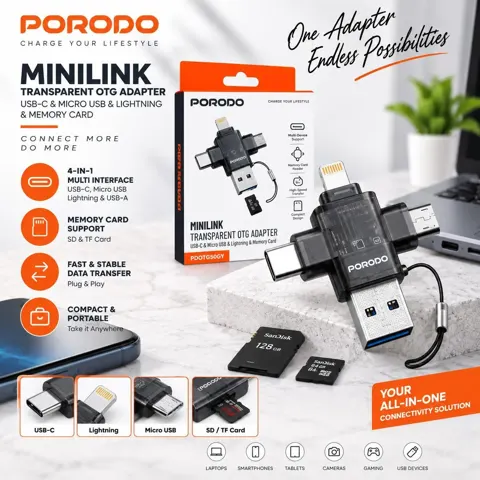 محول Porodo Minilink الشفاف OTG مع USB-C ومايكرو USB ولايتنينج وبطاقة ذاكرة - PDOTG50GY رقم.28927