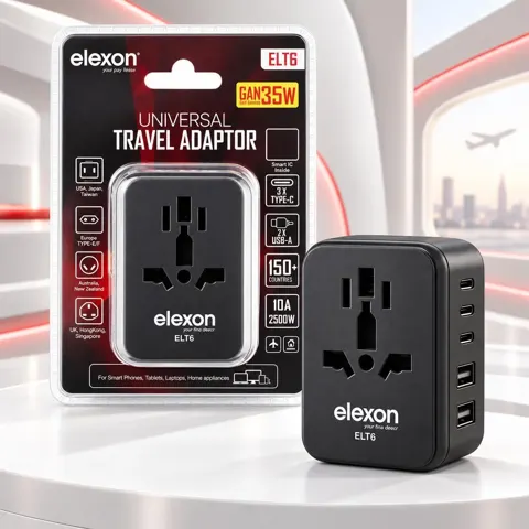 محول السفر العالمي Elexon ELT6 بتقنية GaN وقدرة 35 واط، مزود بـ 3 منافذ Type-C ومنفذي USB-A رقم.29615
