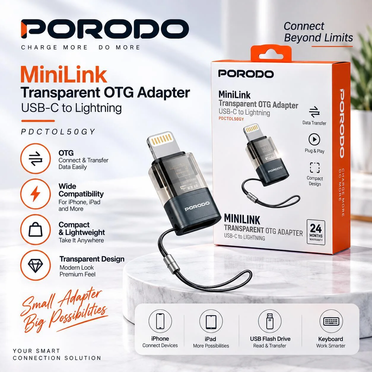 محول Porodo MiniLink شفاف OTG من USB-C إلى Lightning - PDCTOL50GY رقم.28926