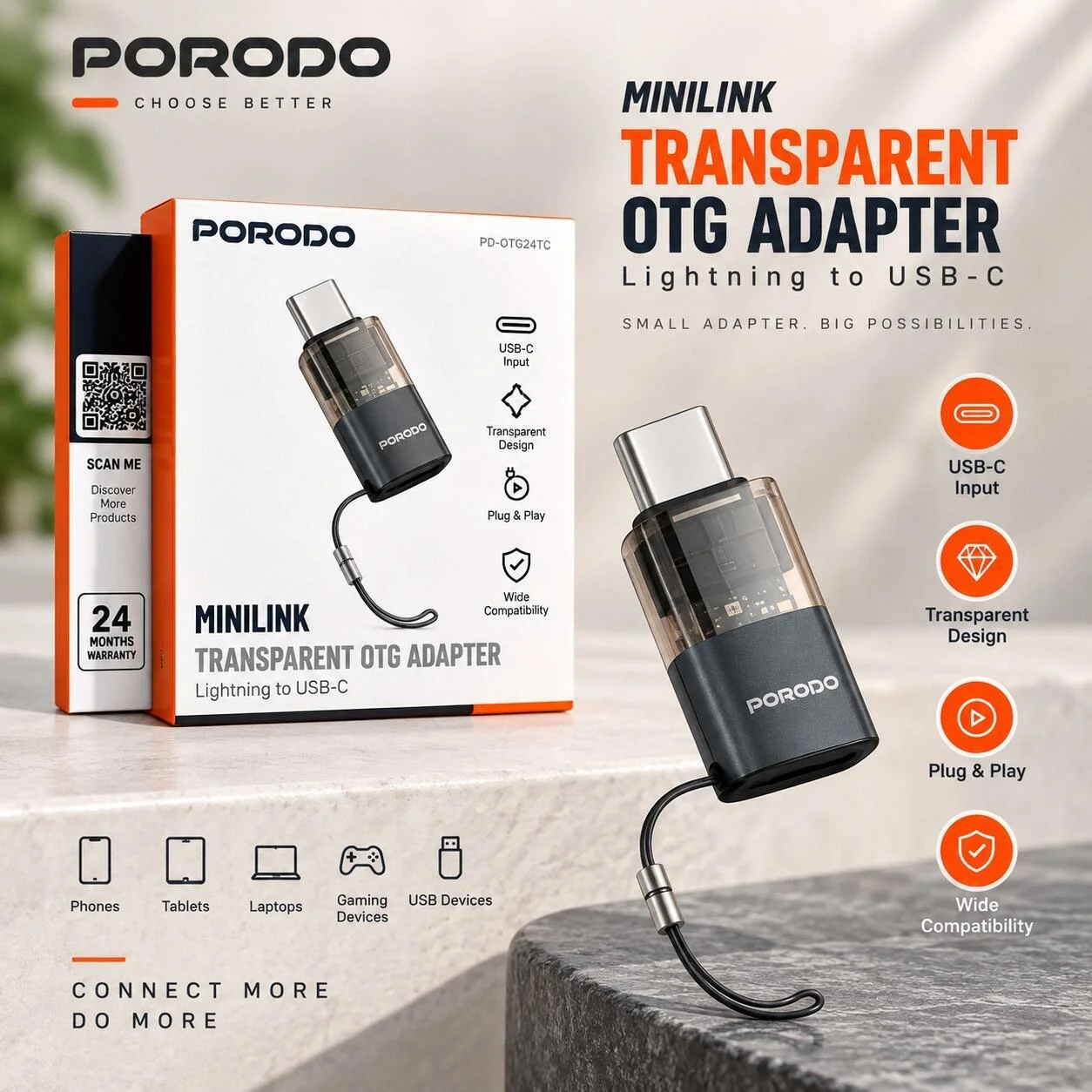 محول Porodo MiniLink شفاف من لايتنينج إلى يو إس بي سي - PDLTOC50GY رقم.28925