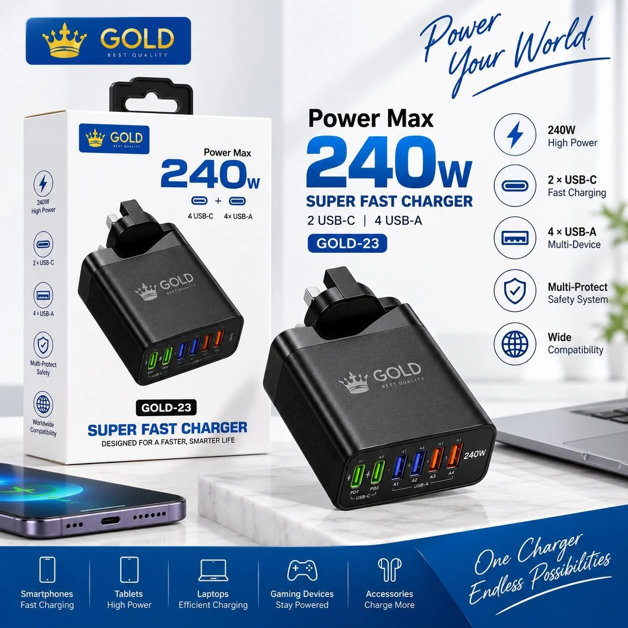 محول شاحن ذهبي فائق السرعة 240 واط بمنفذين USB-C و 4 منافذ USB-A - GOLD-23 رقم.28921