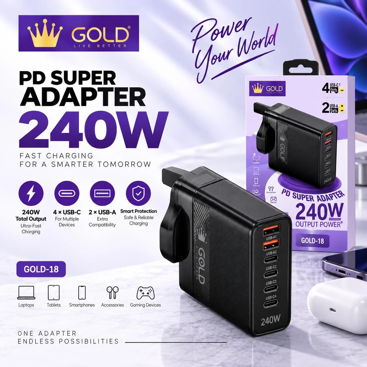 محول Gold PD فائق بقدرة 240 واط 4 منافذ USB-C، 2 منافذ USB-A - GOLD-18 رقم.28920