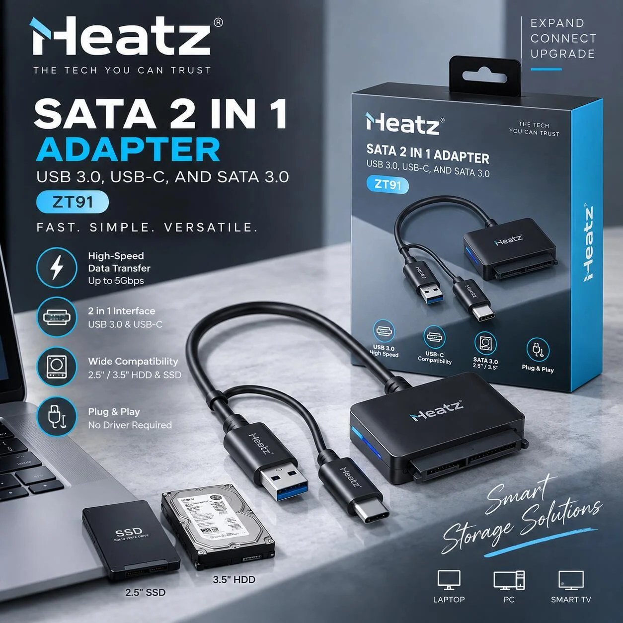محول Heatz SATA 2 في 1 يدعم USB 3.0 و USB-C و SATA 3.0 - ZT91 رقم.28911