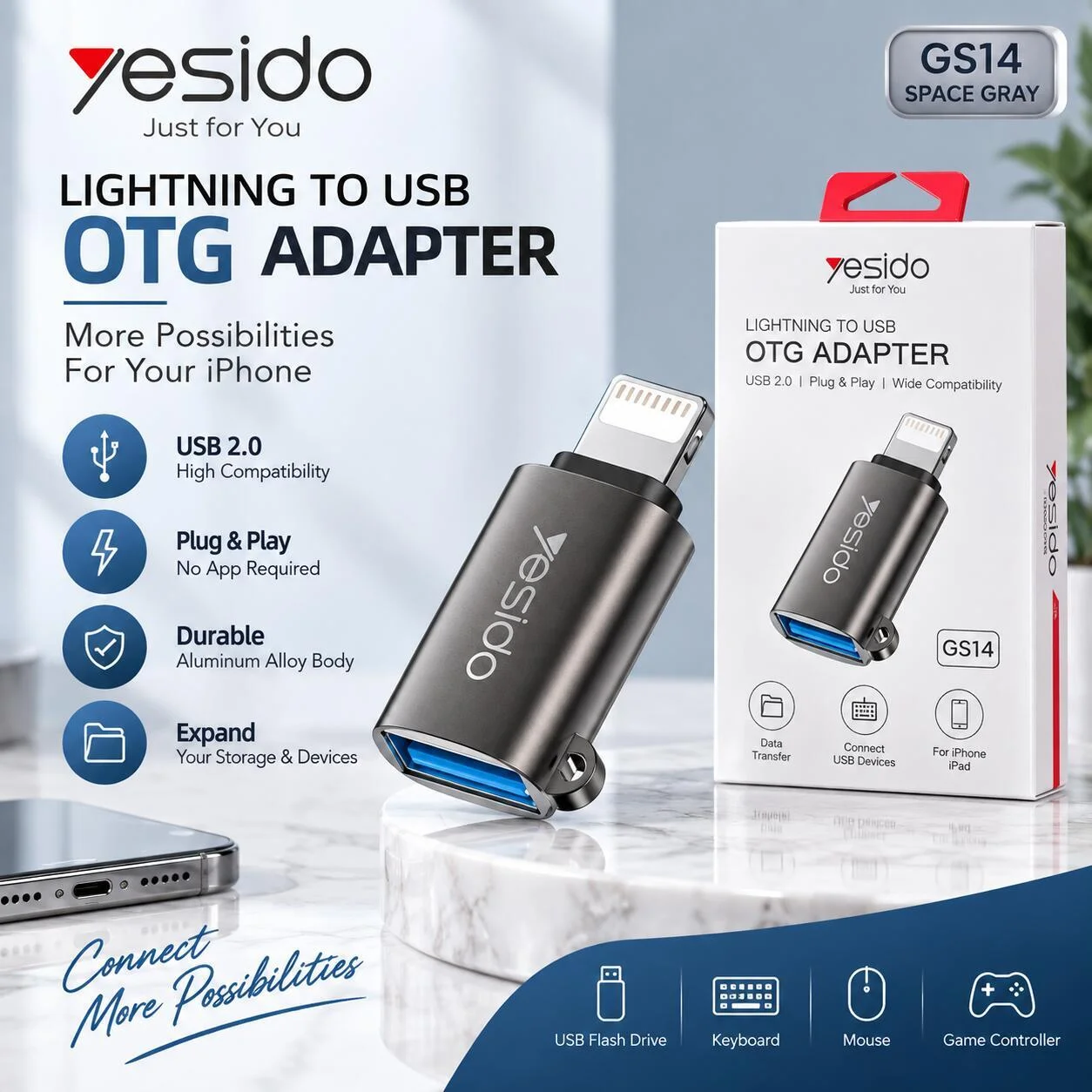 YESIDO IP OTG محول USB 2.0 LIGHTNING إلى USB OTG رمادي فضائي GS14 رقم.28899