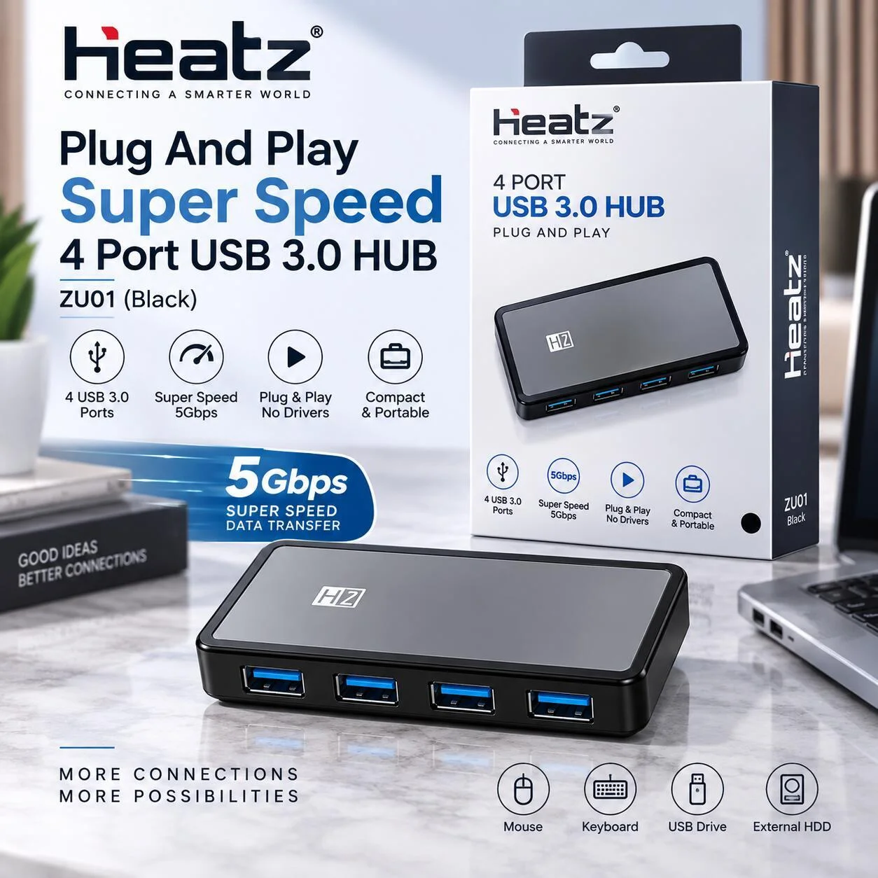 موزع USB 3.0 فائق السرعة من Heatz Plug and Play مزود بأربعة منافذ - ZU01 (أسود) رقم.28893