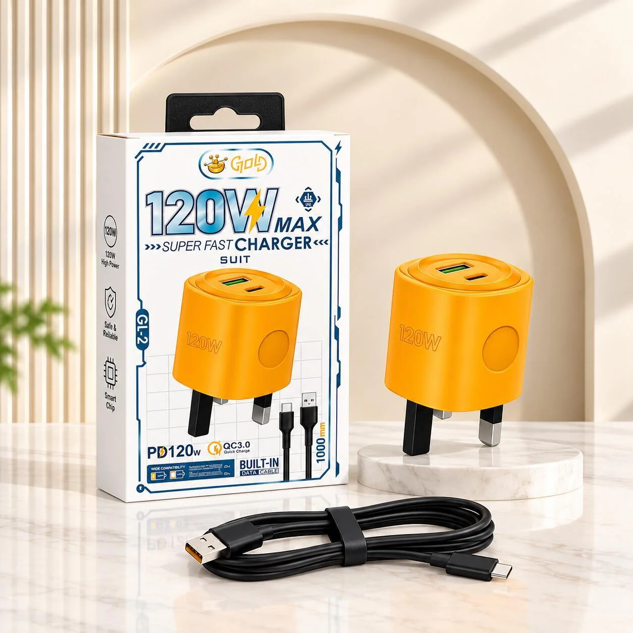 شاحن ذهبي فائق السرعة 120 واط مع كابل USB-A إلى USB-C – GL-2 رقم.27666