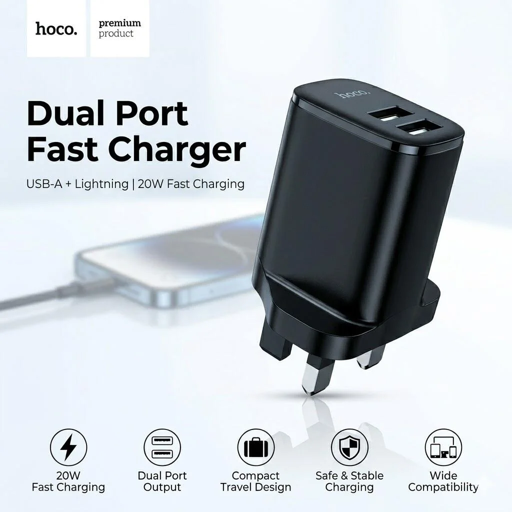 شاحن HOCO DC16 ثنائي المنفذ – شحن سريع 20 واط USB-A + Lightning رقم.23909
