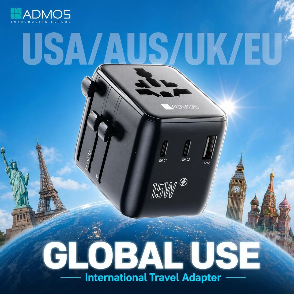 محول السفر العالمي ADMOS للاستخدام الدولي – شاحن متعدد المنافذ (AM-701) رقم.23770
