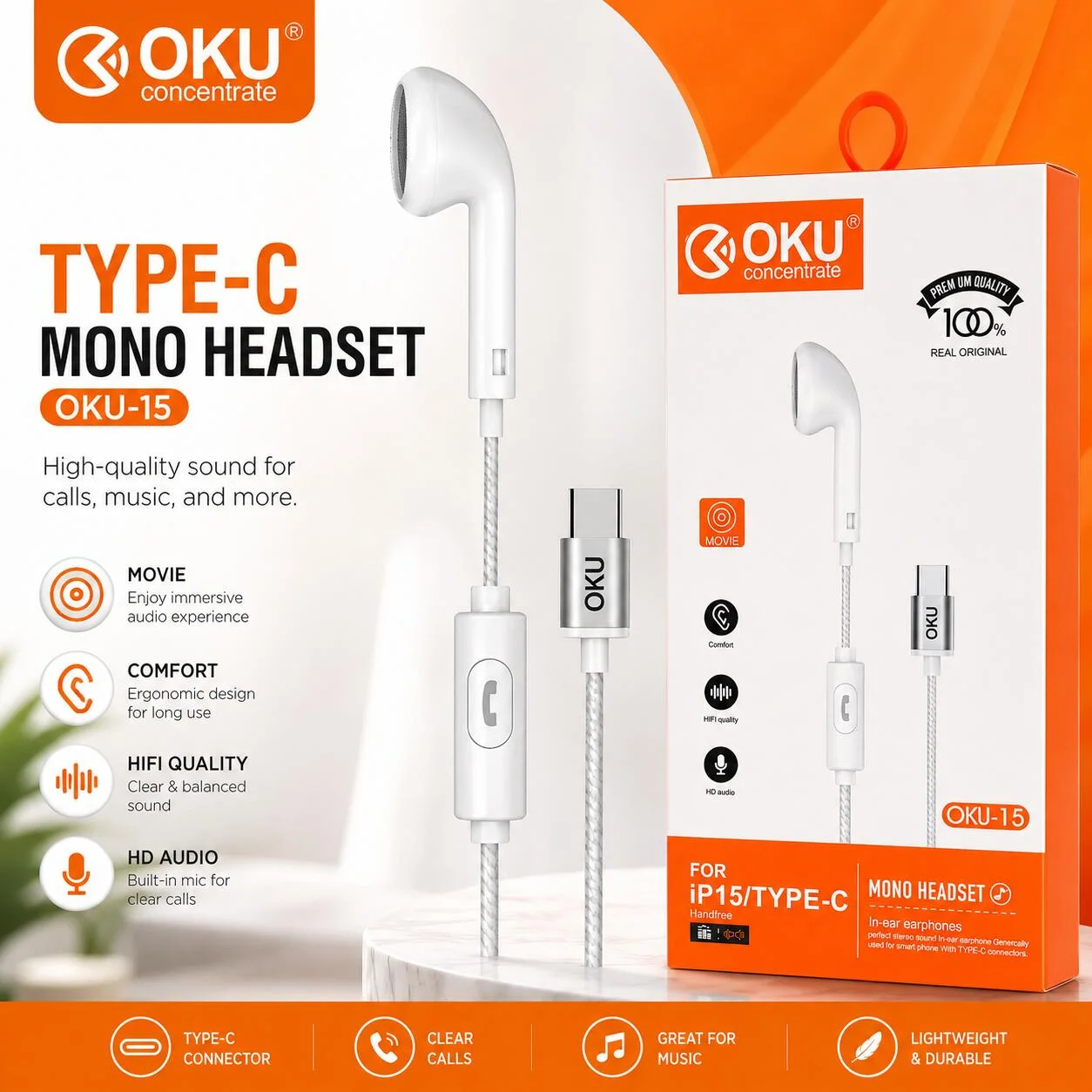 سماعة OKU-15 أحادية بمنفذ Type-C رقم.25143