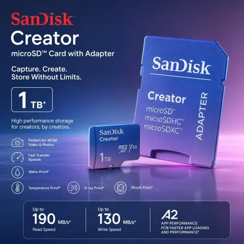بطاقة SanDisk Creator Micro SD مع محول SD سعة 1 تيرابايت، سرعة قراءة 190 ميجابايت ثانية وكتابة 130 ميجابايت ثانية - 1 تيرابايت رقم.27679