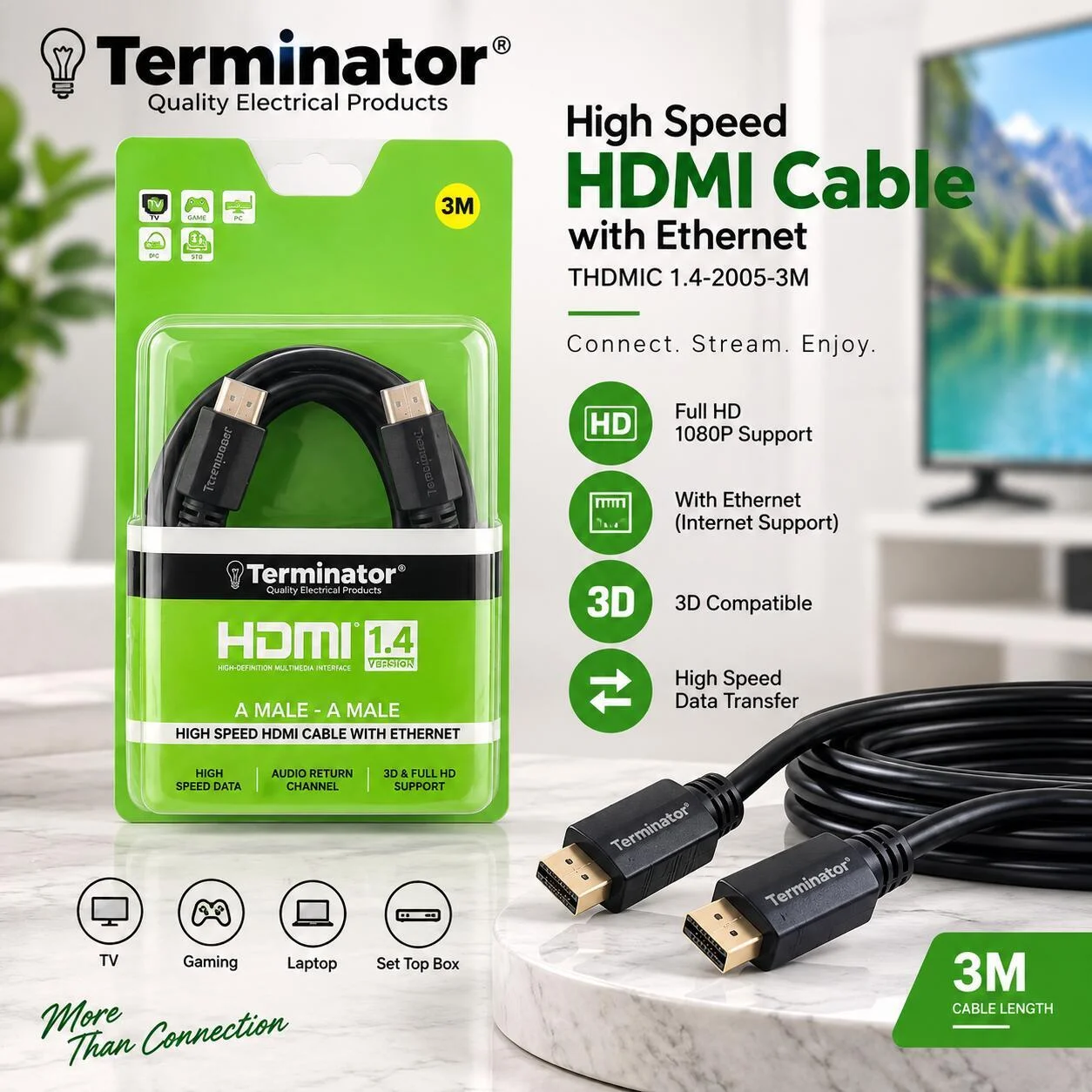 كابل ثيرميناتور A ذكر - كابل HDMI عالي السرعة مع إيثرنت - THDMIC 1.4-2005-3M رقم.28793