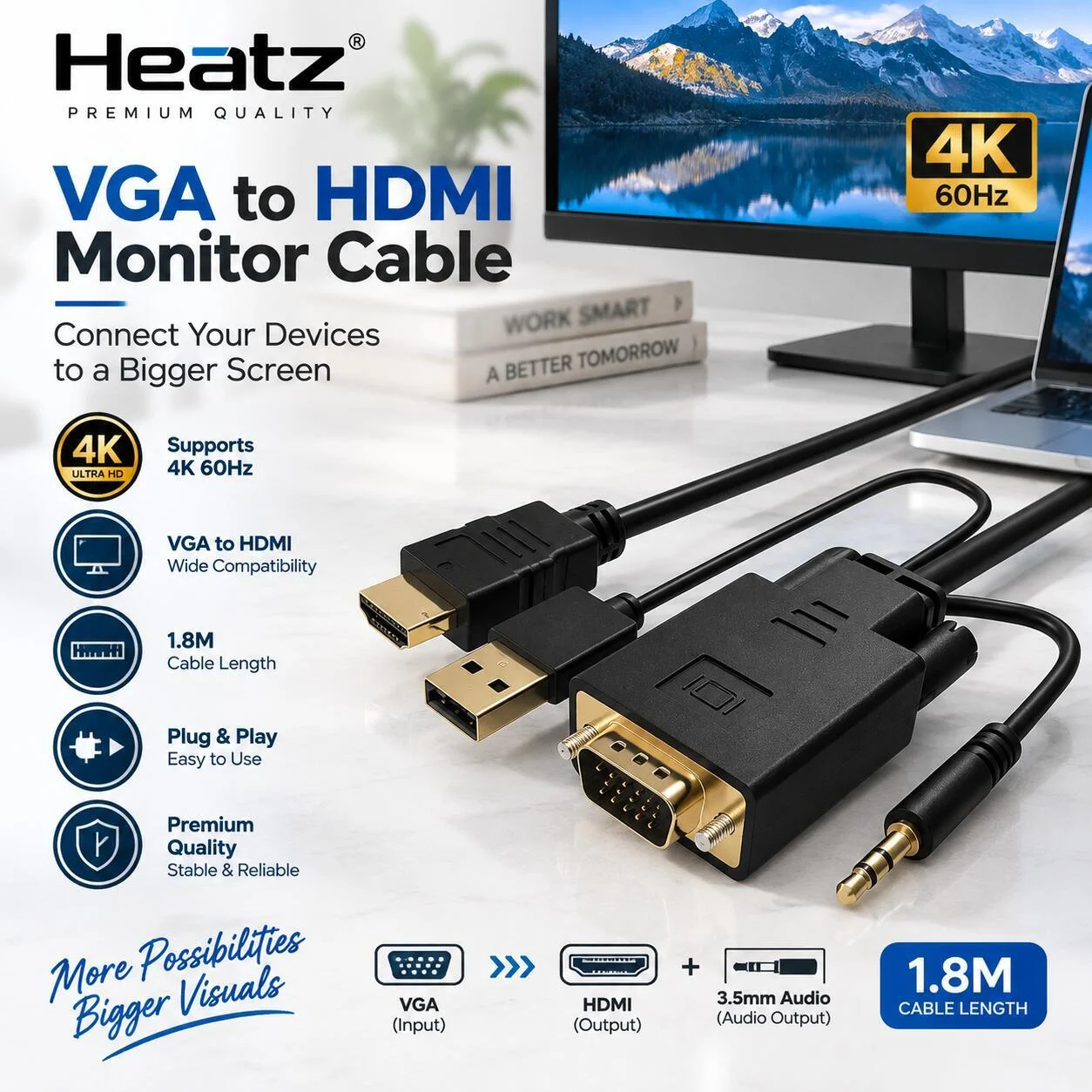 كابل شاشة عالي الجودة من Heatz، من VGA إلى HDMI، يدعم دقة 4K بمعدل 60 هرتز، بطول 1.8 متر - ZT74 رقم.28785