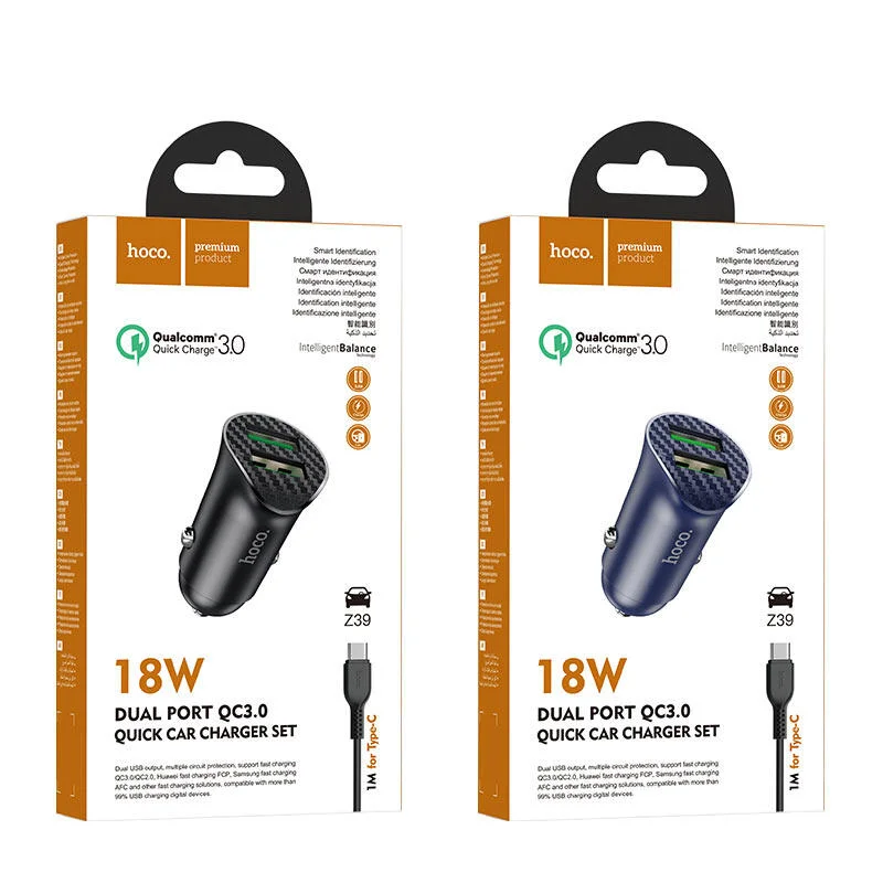 Hoco 18W Dual Port QC3.0 شاحن سيارة سريع 1 متر Type-c Z39 رقم.5411E