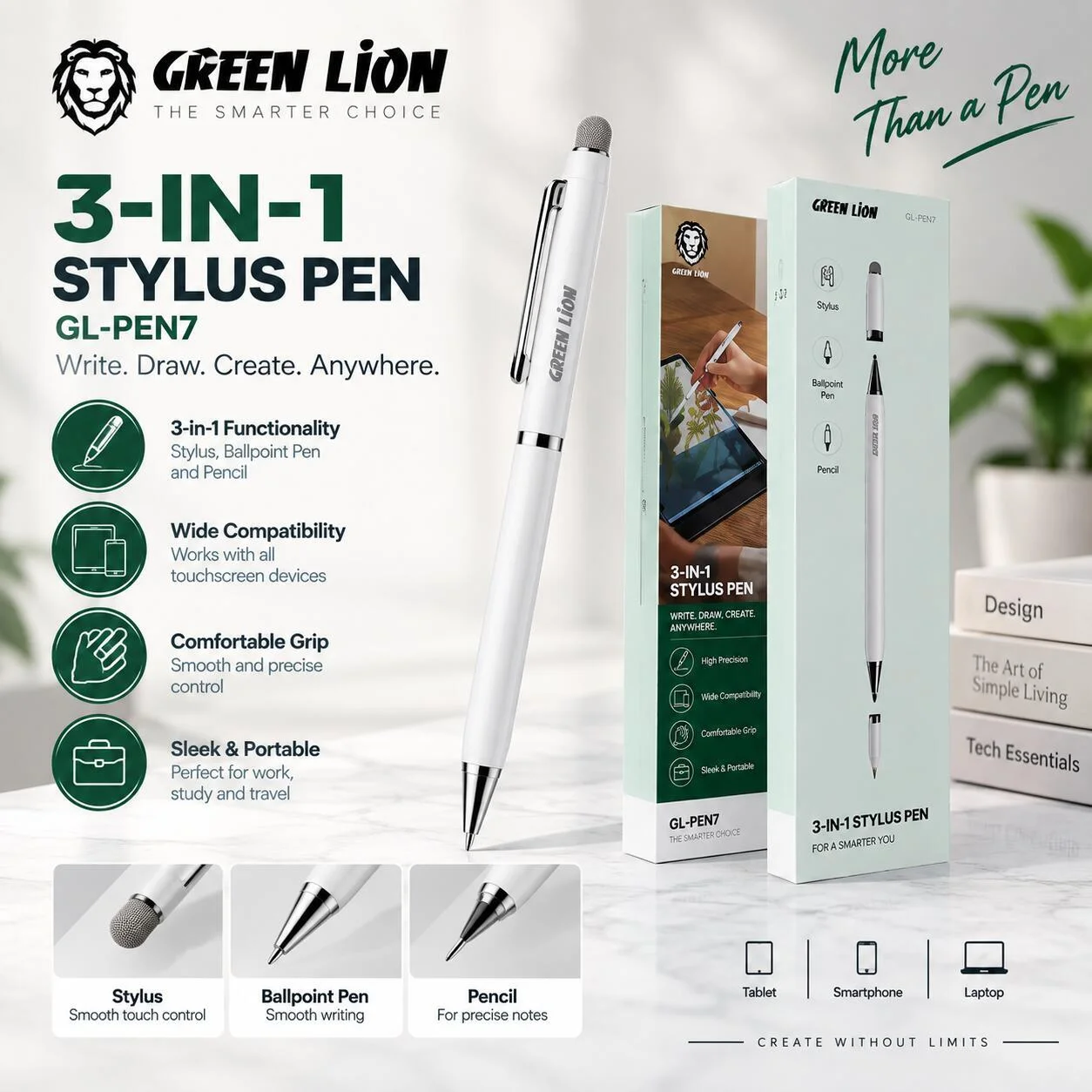 قلم Green Lion 3 في 1 باللون الأبيض GL-PEN7 رقم.28800