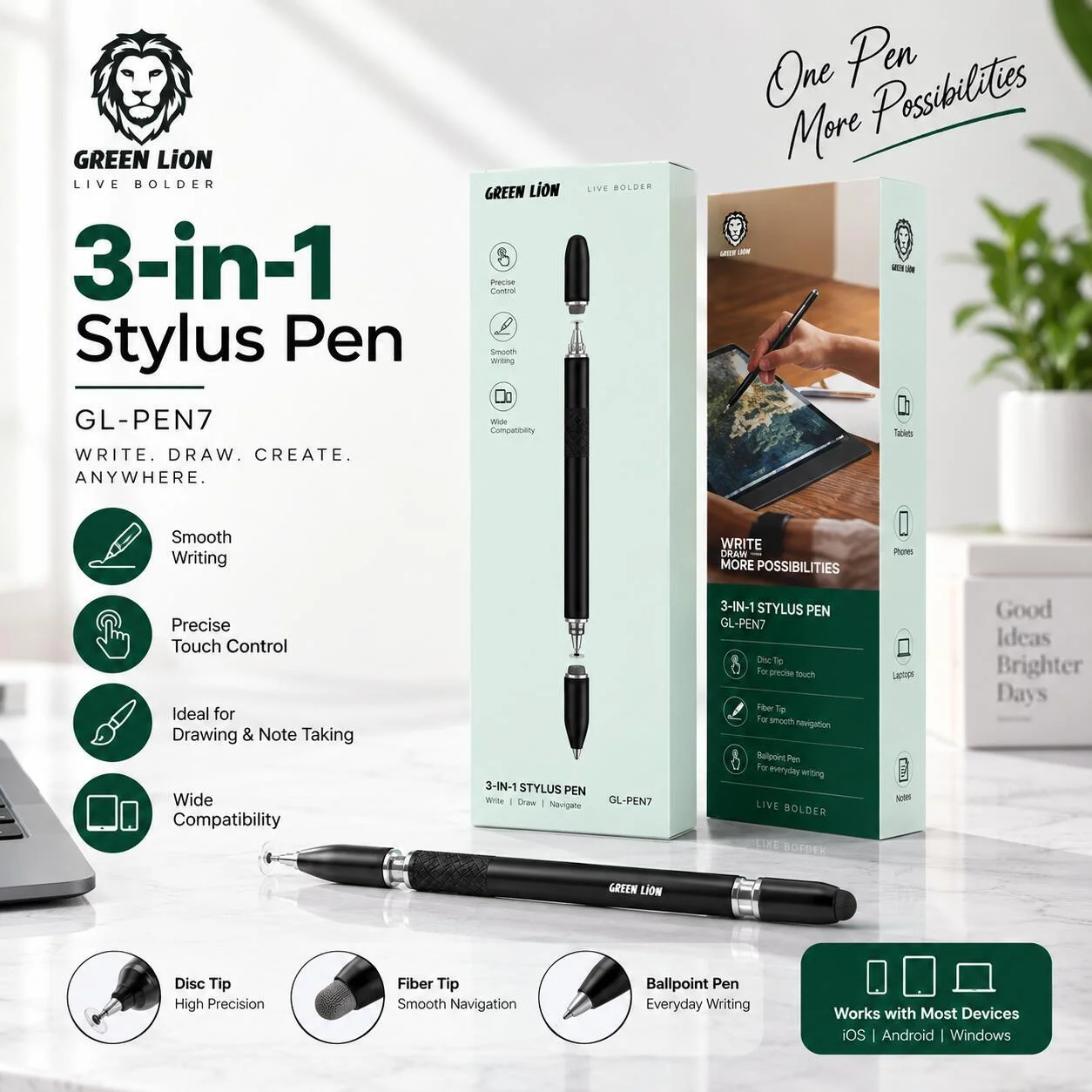 قلم Green Lion 3 في 1 باللون الأسود GL-PEN7 رقم.28799