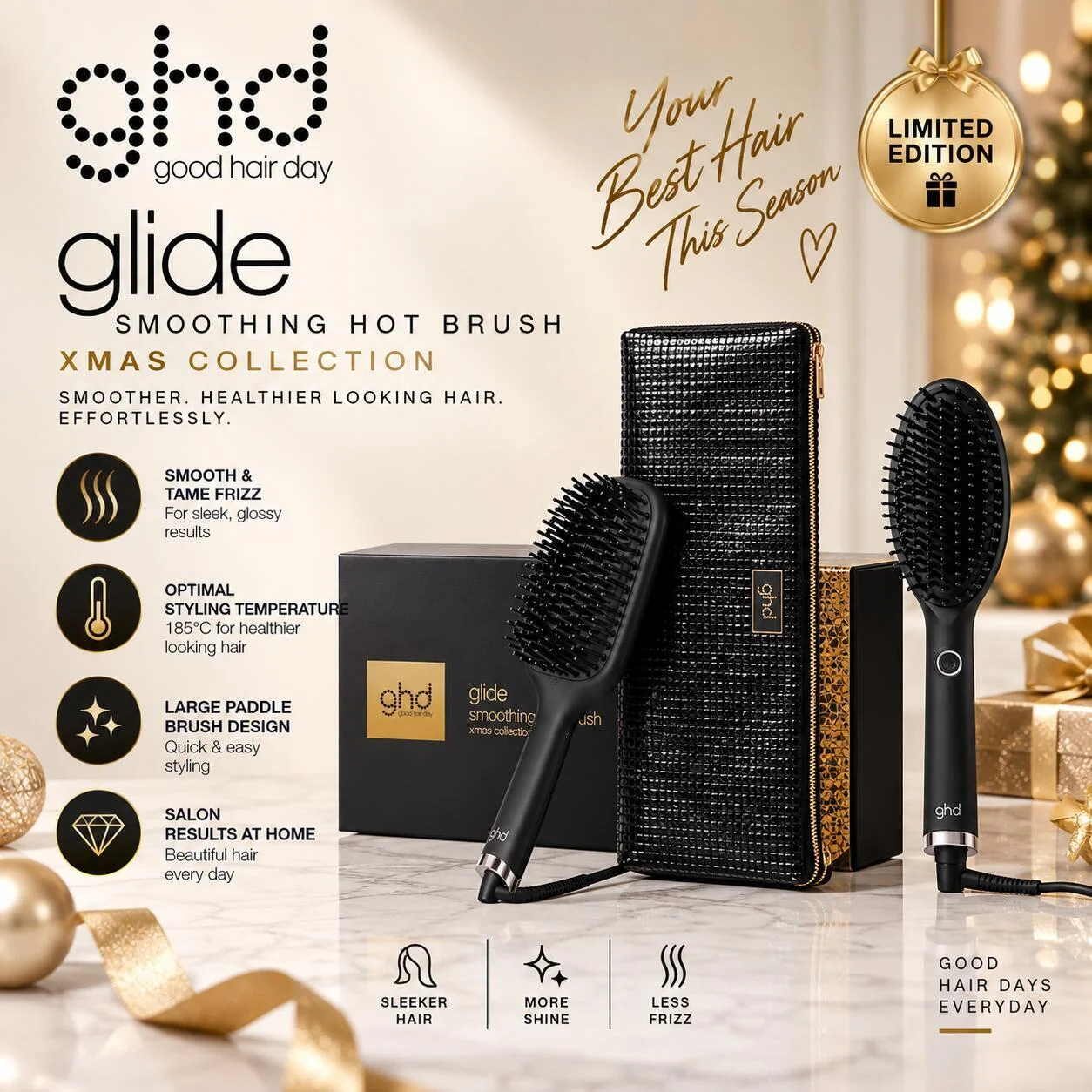 فرشاة تصفيف الشعر الساخنة ghd Glide Smoothing Hot Brush مع فرشاة مسطحة، مجموعة عيد الميلاد رقم.28853