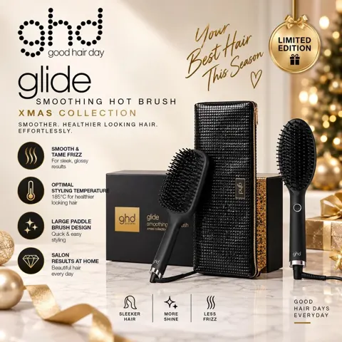 فرشاة تصفيف الشعر الساخنة ghd Glide Smoothing Hot Brush مع فرشاة مسطحة، مجموعة عيد الميلاد رقم.28853