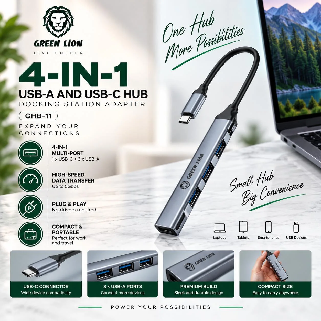 محول محطة إرساء Green Lion 4 في 1 USB-A و USB-C - GHB-11 رقم.28918