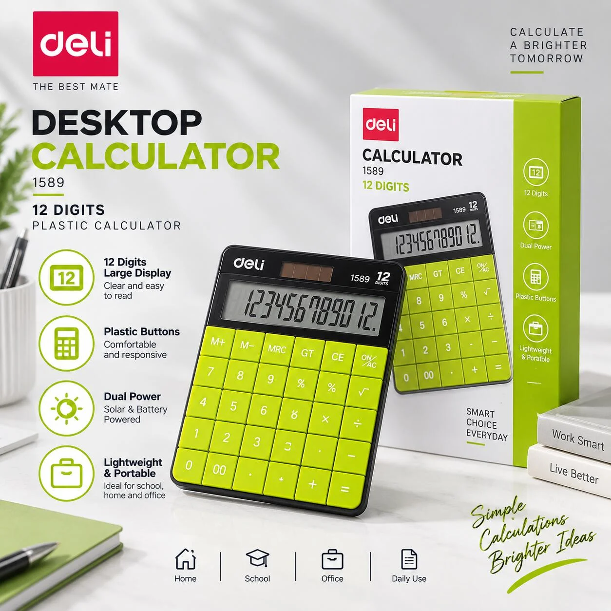 Deli 1589 آلة حاسبة بلاستيكية بـ 12 رقمًا - أسود وأخضر رقم.28686