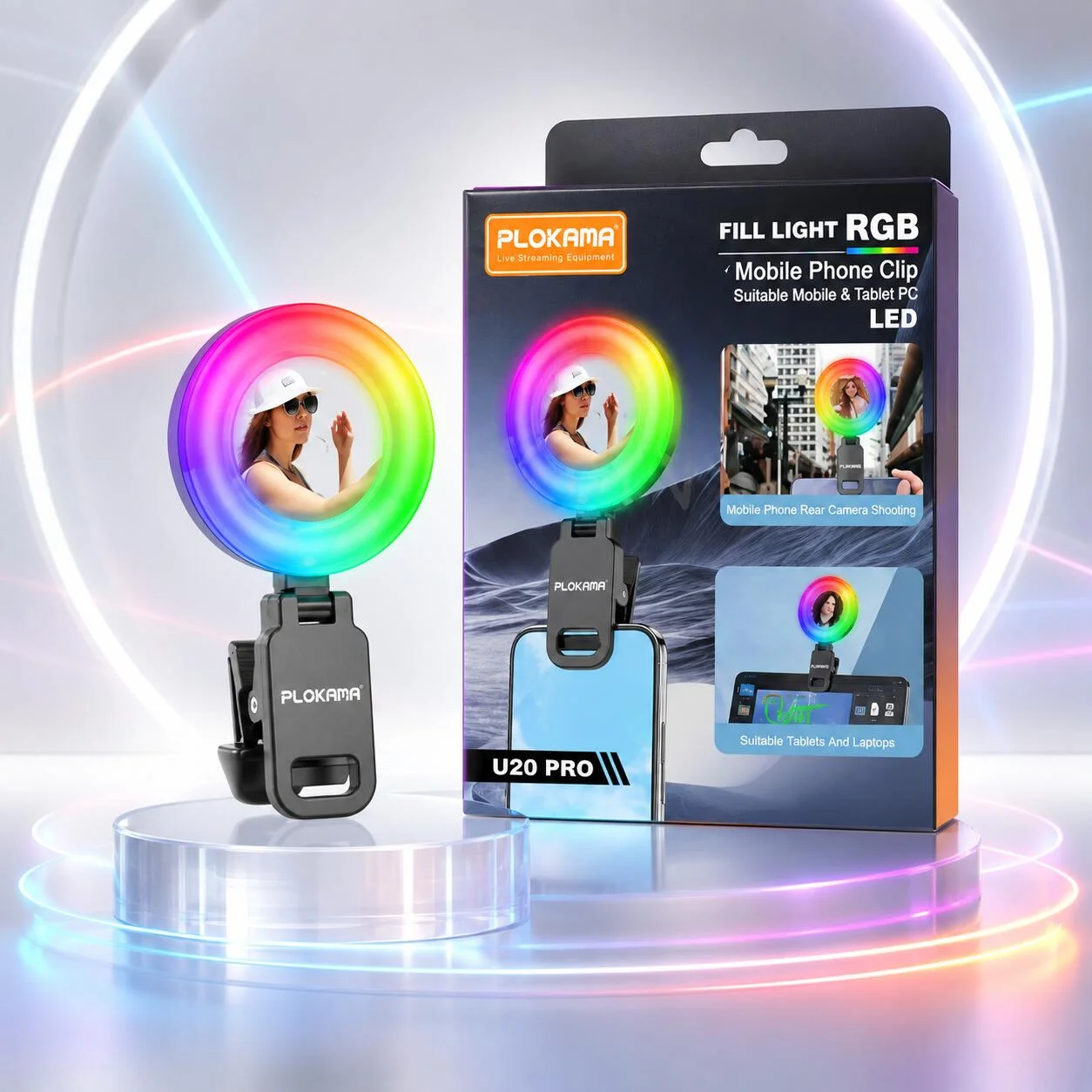 مرآة سيلفي حلقية PLOKAMA U20 PRO صغيرة الحجم مزودة بمشبك إضاءة LED RGB رقم.27370