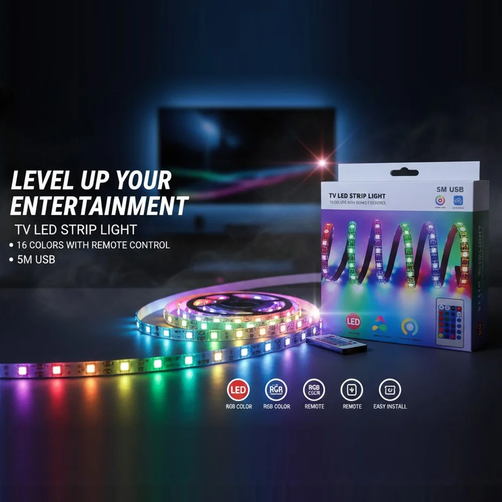 شريط إضاءة LED للتلفاز بـ 16 لون بطول 5 متر USB رقم.21866