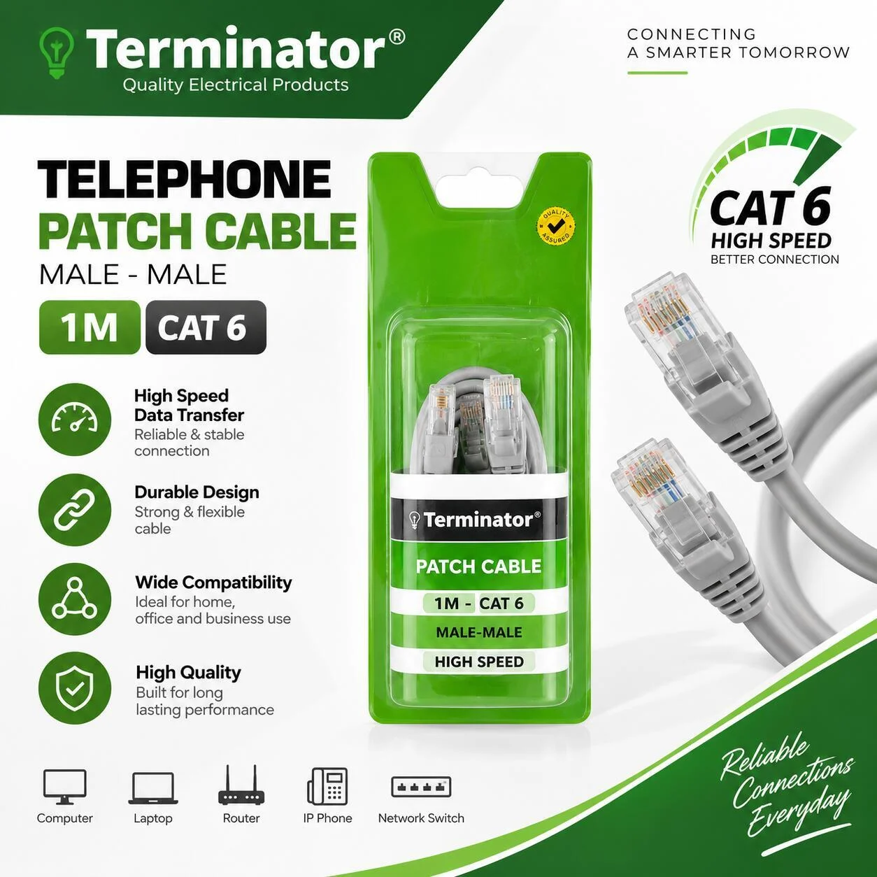 Terminator Telephone Patch Cable- Male-Male 1M– CAT 6 رقم.28792