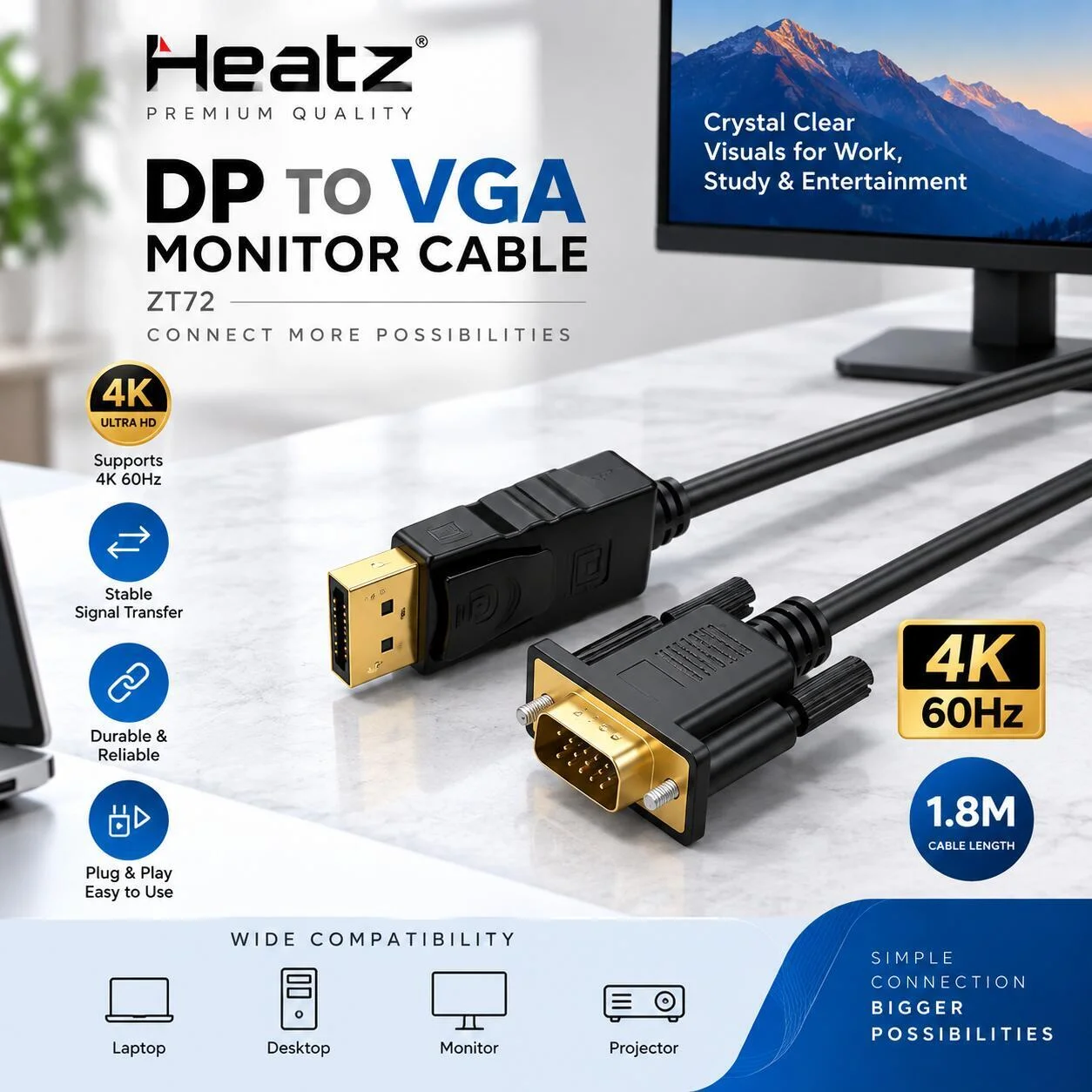كابل شاشة Heatz عالي الجودة من منفذ DisplayPort إلى منفذ VGA يدعم دقة 4K بمعدل 60 هرتز، بطول 1.8 متر - ZT72 رقم.28784