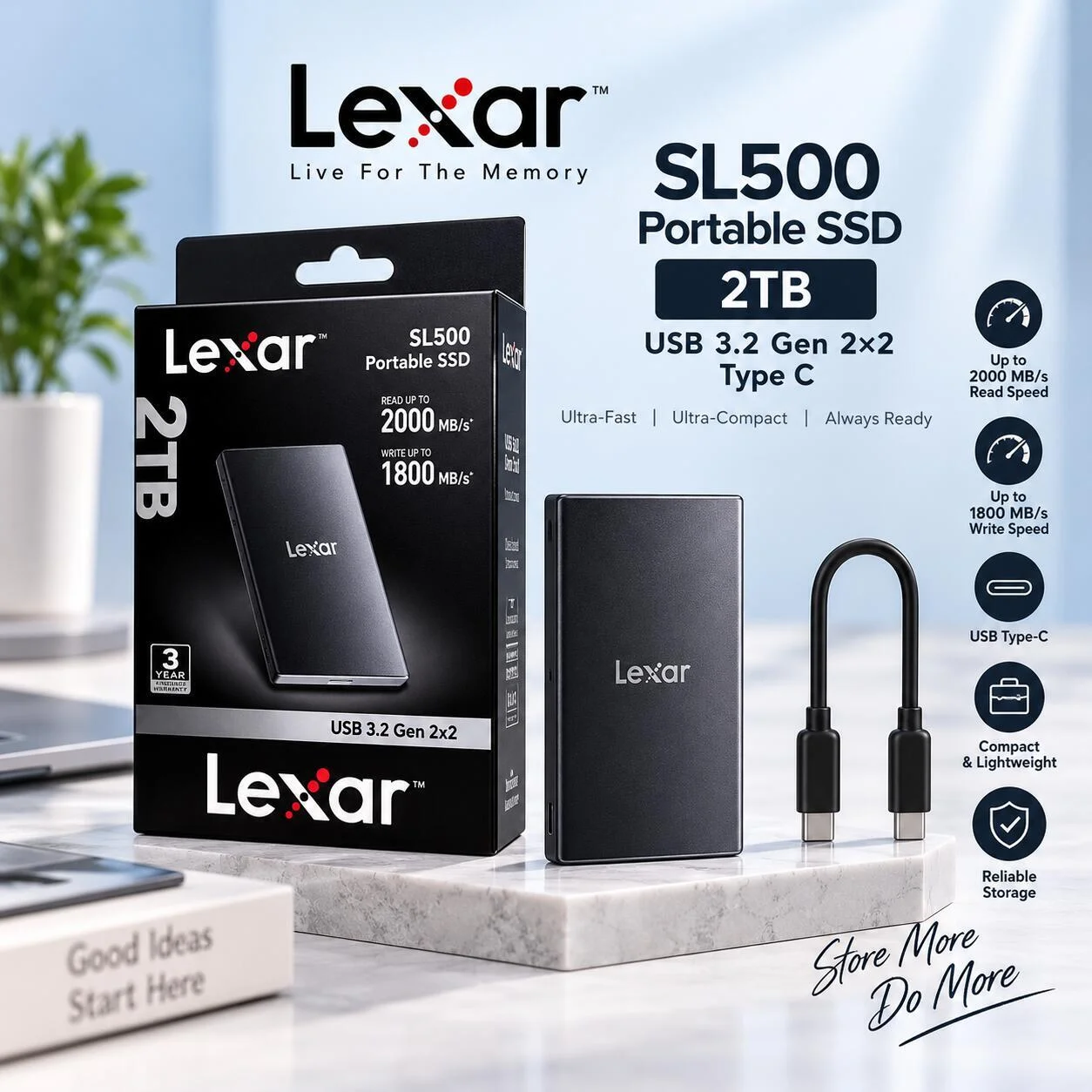 قرص تخزين SSD محمول Lexar SL500 بسعة 2 تيرابايت، USB 3.2 من الجيل الثاني × 2 من النوع C رقم.28776