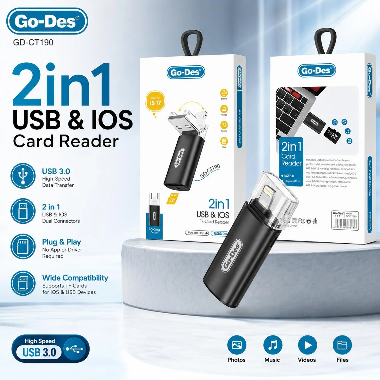 قارئ بطاقات Go-Des GD-CT190 ثنائي USB وiOS (USB 3.0) رقم.25172