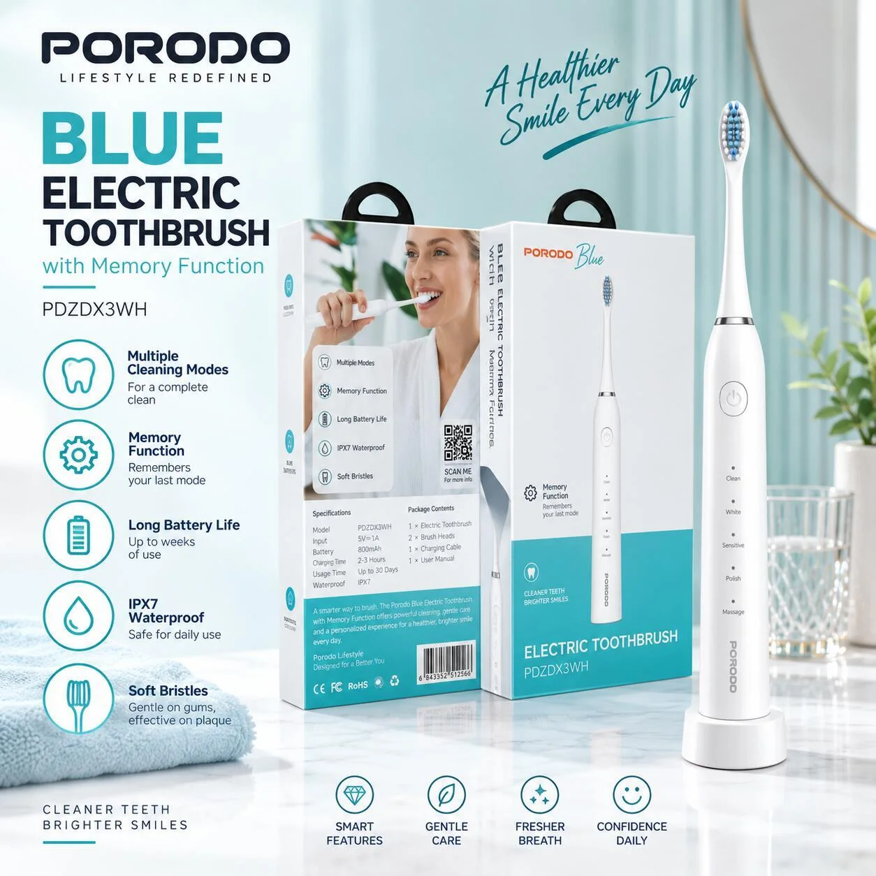 فرشاة أسنان كهربائية Porodo Blue بوظيفة الذاكرة - PDZDX3WH رقم.28676