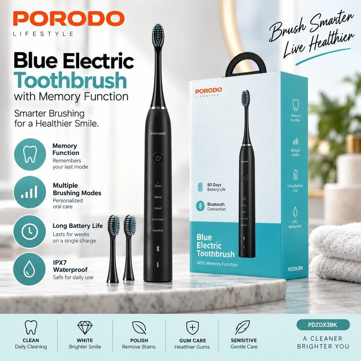 فرشاة أسنان كهربائية Porodo Blue بوظيفة الذاكرة - PDZDX3BK رقم.28675