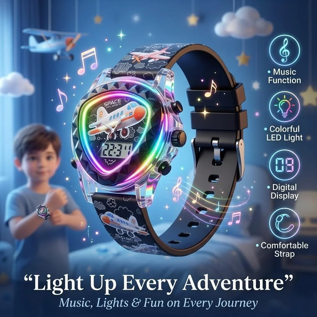 ساعة أطفال رقمية بتصميم مغامرة الفضاء مع إضاءة LED - سوار أسود رقم.24293