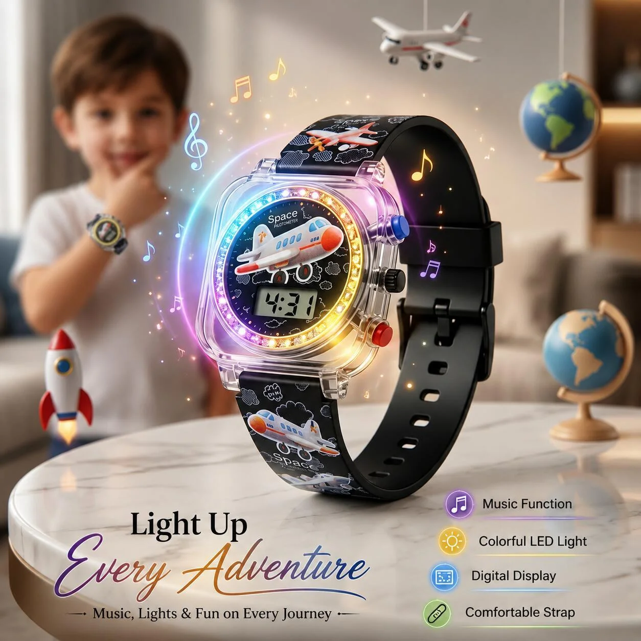 ساعة أطفال رقمية بتصميم مع إضاءة LED وموسيقى - سوار أسود رقم.24286