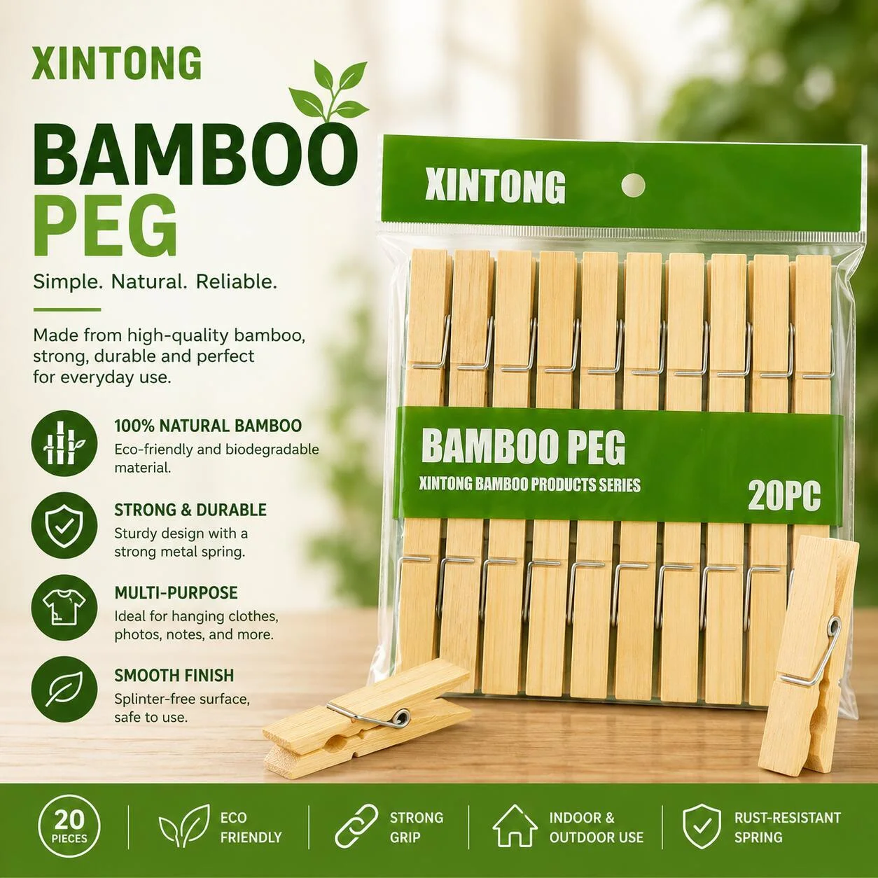 مشابك غسيل من الخيزران XINTONG – 20 قطعة رقم.25485
