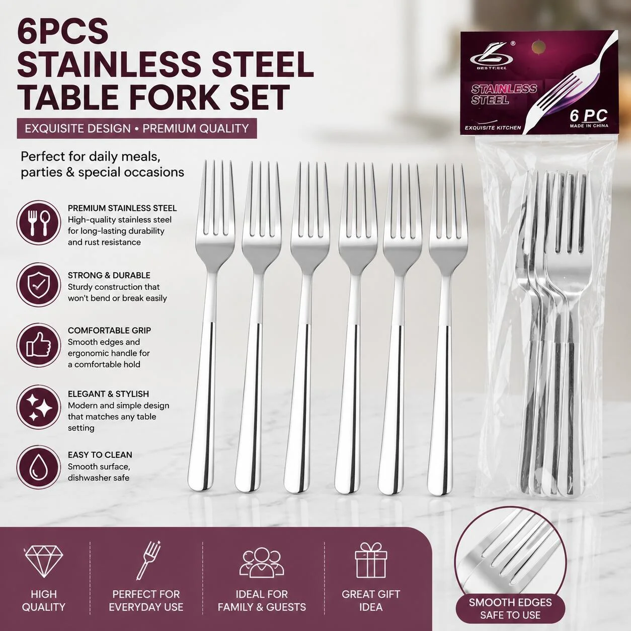 طقم شوك مائدة من الستانلس ستيل – 6 قطع (فضي) FO-6-33G رقم.25583