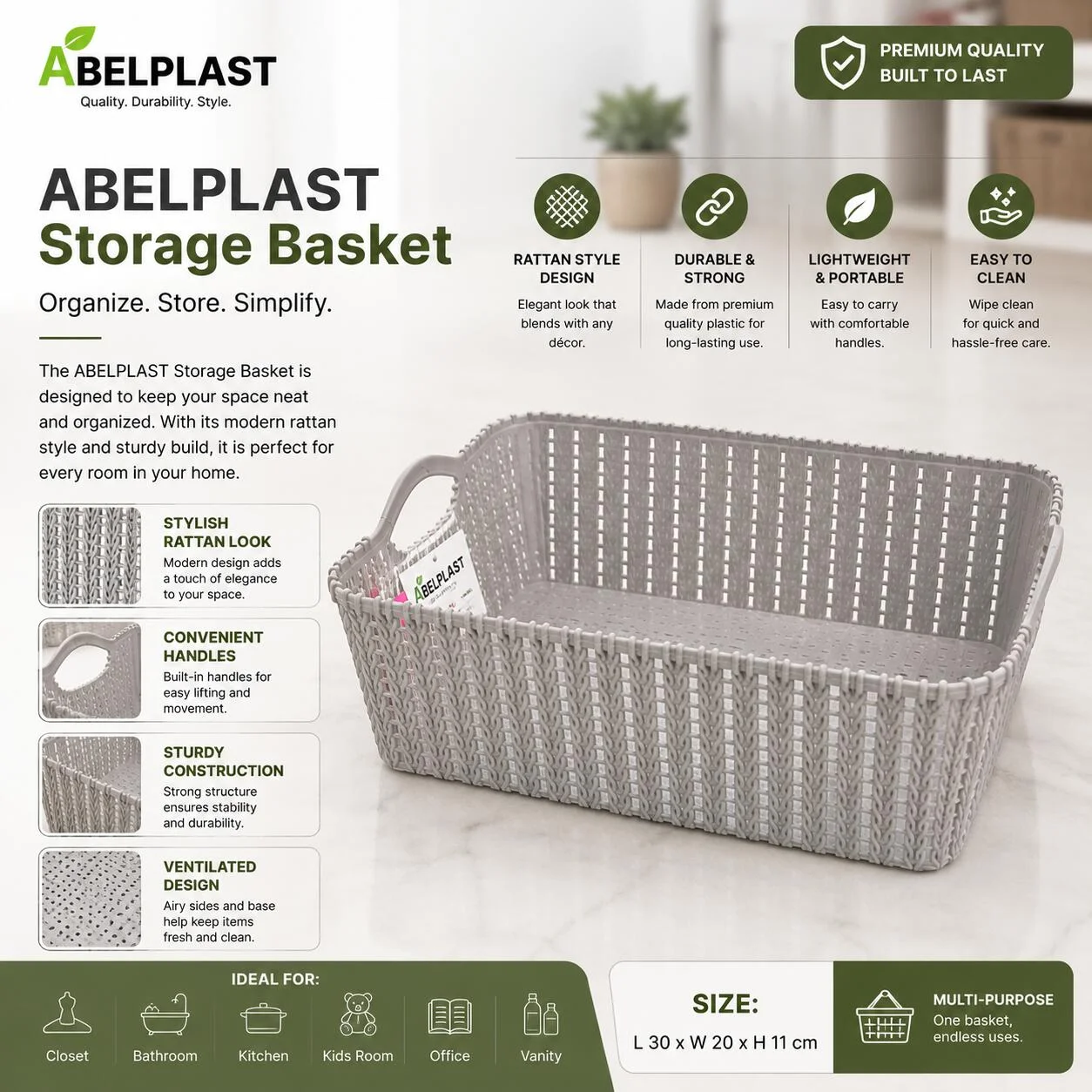 سلة تخزين من ABELPLAST بتصميم راتان مع مقابض رقم.25744