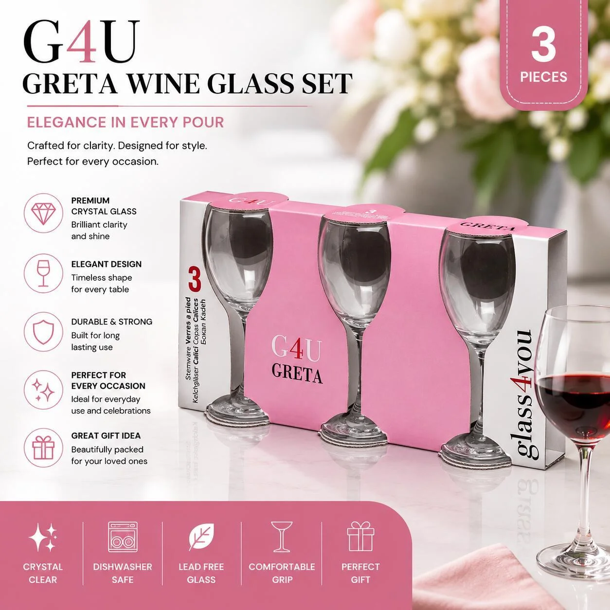 طقم كؤوس نبيذ G4U Greta – 3 قطع رقم.25467