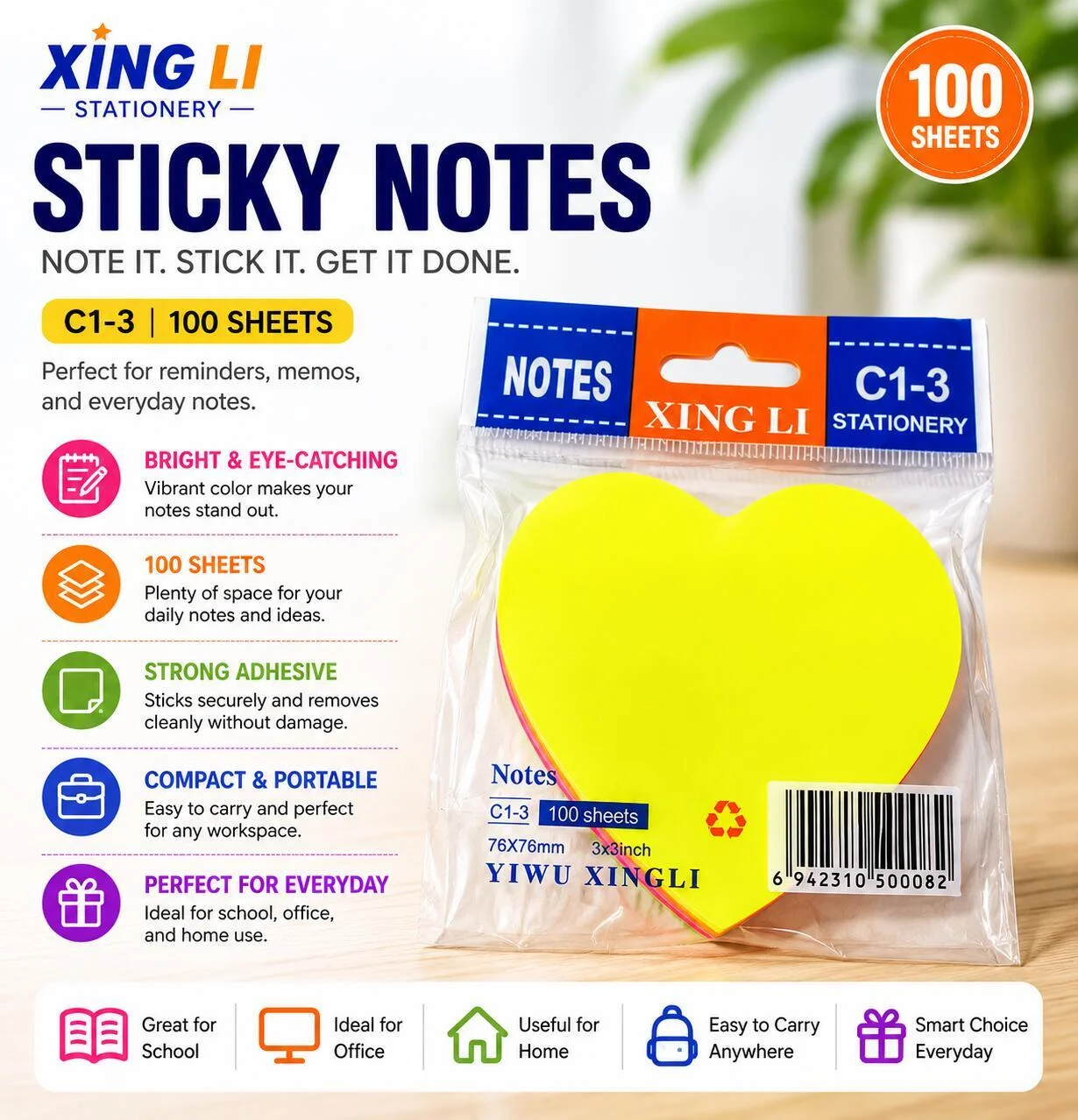 ملاحظات لاصقة C1-3، 100 ورقة، 76 × 76 مم، 3 × 3 بوصة رقم.28973