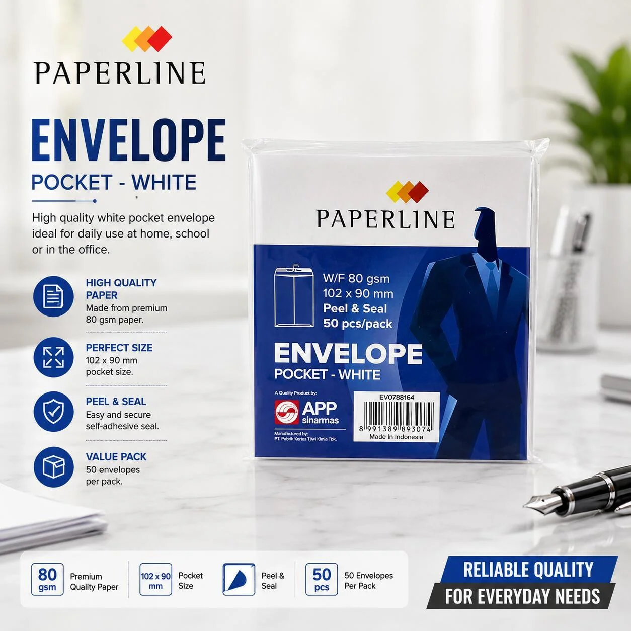 مظاريف Paperline البيضاء – مقاس 102 × 90 مم (50 قطعة) رقم.26109